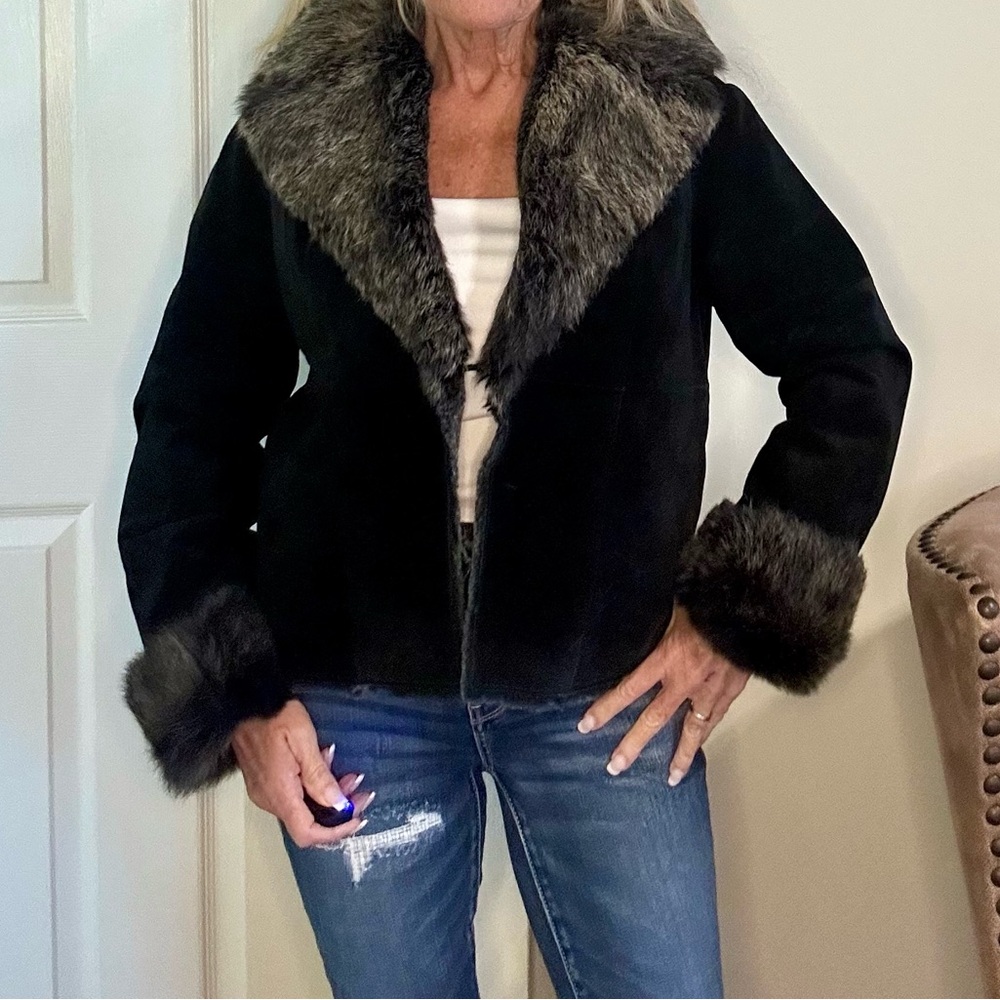 Women's Black Leather Suede Jacket with Faux Fur Trim Small LN